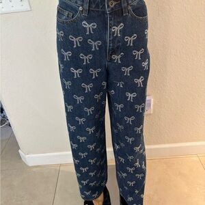 Self-Portrait Straight Leg Jeans with Bow Embellishments